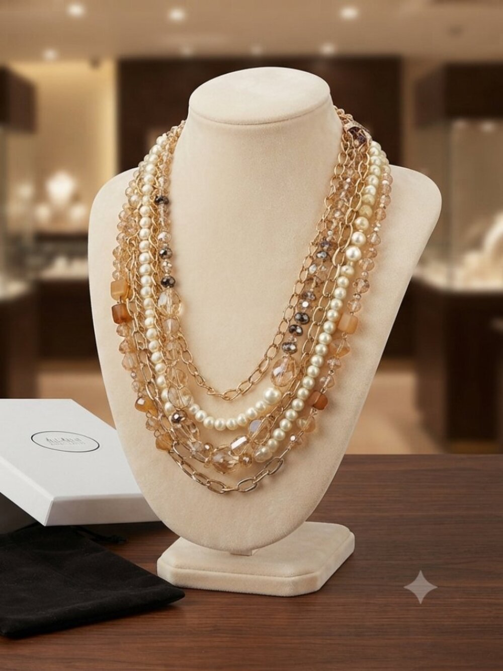 Ali khan champagne color 6 strand glass beaded necklace with gift box